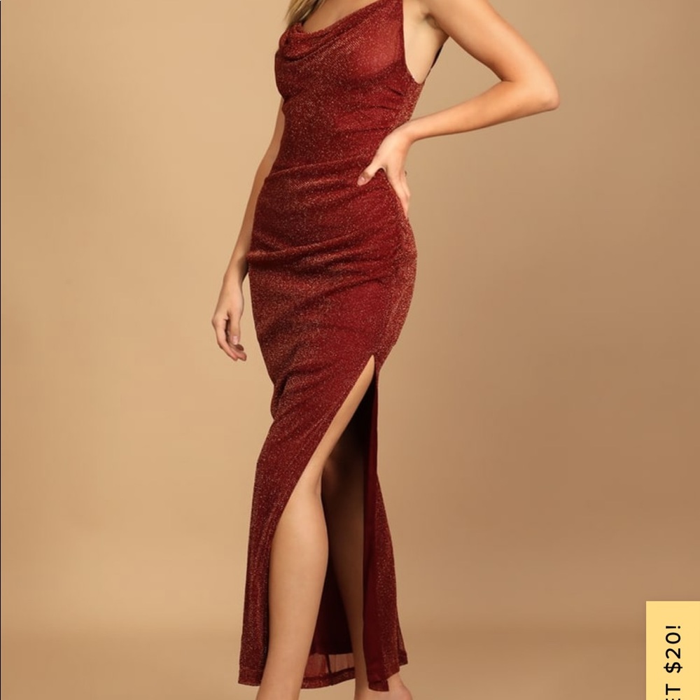 Lulus Next Please Gold and Burgundy Cowl Neck Bodycon Dress